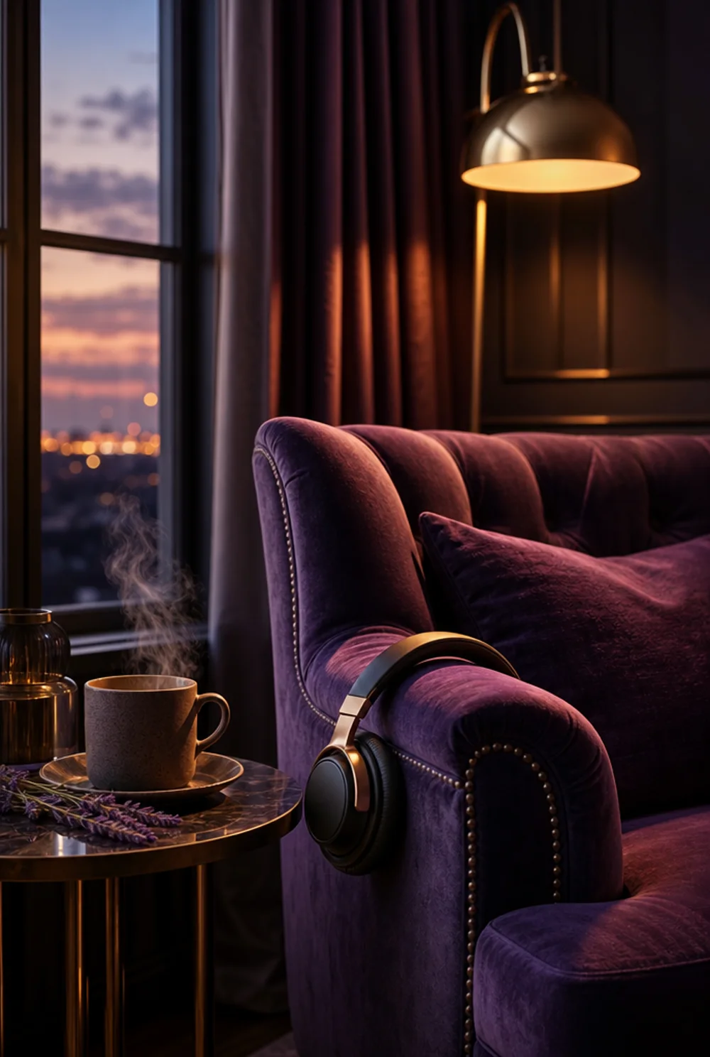 A velvet armchair at dusk with headphones and tea
