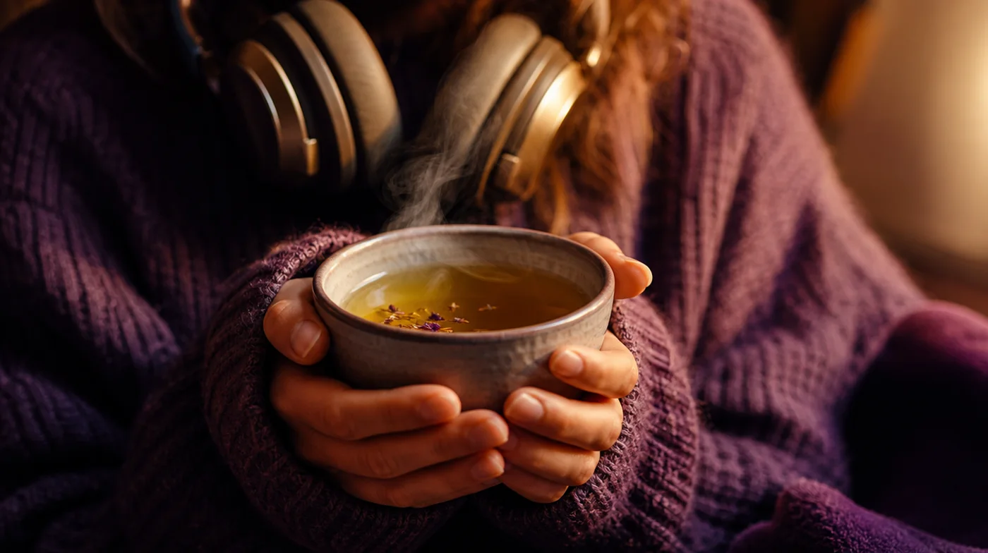 Hands cradling a bowl of herbal tea, headphones resting close